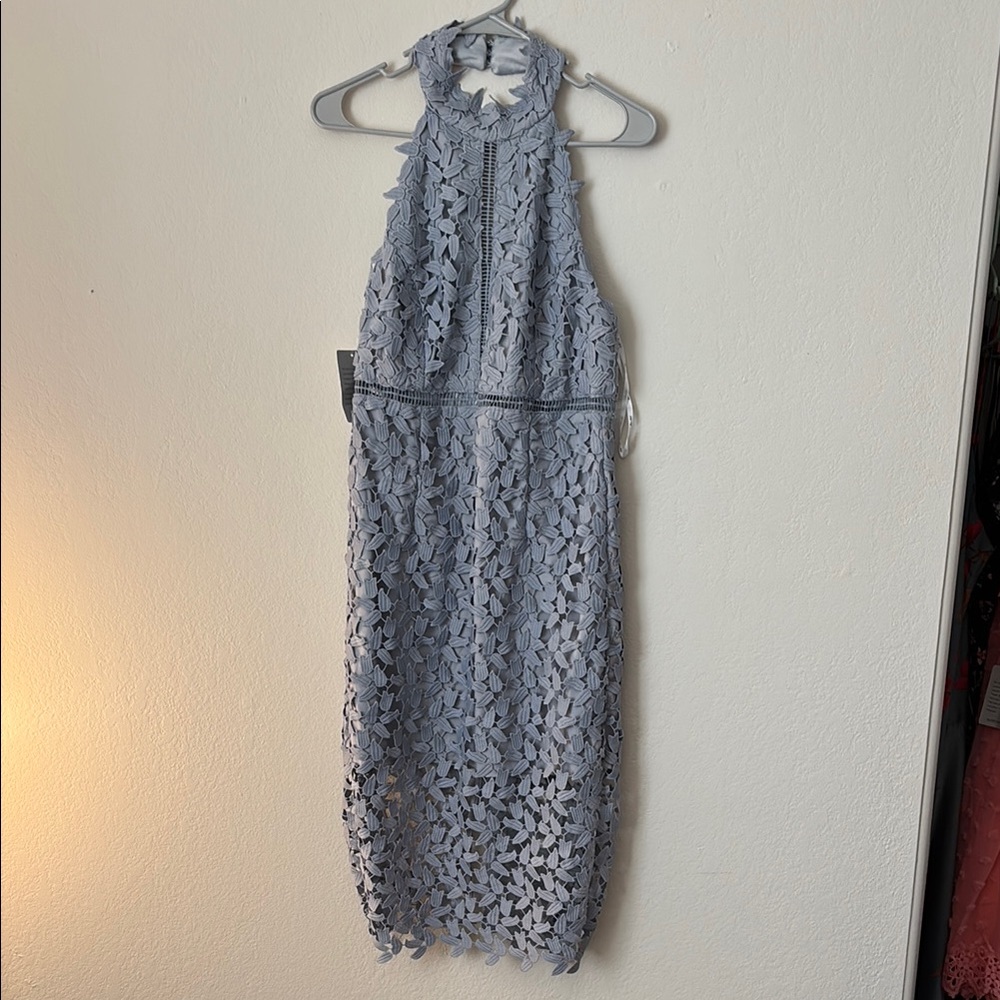 Bardot Blue Gray Halter Sheath Midi Dress